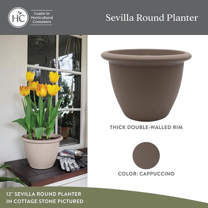 The HC Companies Sevilla Flower Planters - Outdoor & Indoor Planter - Round Self Watering Plant Pots for Herbs & More (16”, Cappuccino, Pack of 2)