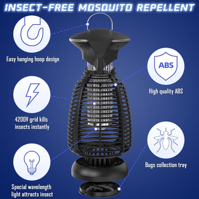 Electric Bug Zapper Outdoor, 4200V Mosquito Zapper with 20W UV Light, Plug-in Insect Killer with Removable Tray, Hanging Fly Trap for Patio, Porch, Backyard, Garage and Indoor Use