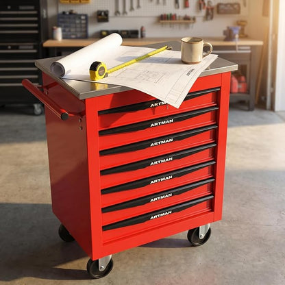 7-Drawer Rolling Tool Chest, Lockable Stainless Worktop for Garage, Red | Heavy Duty Metal Tool Cabinet with Drawers on Wheels for Warehouse and Workshop Storage