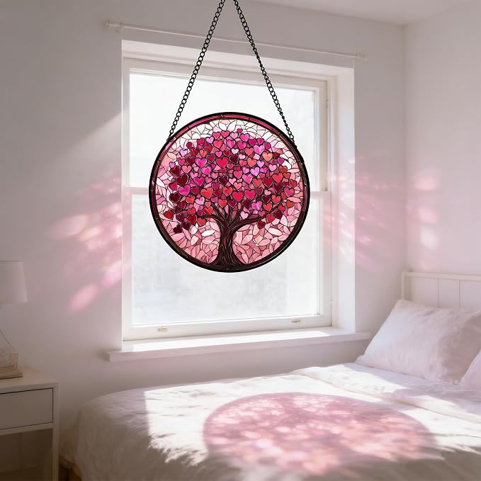 Stained Glass Window Hanging, Birthday Gifts for Women Mom Grandma Nana Wife Couple, Pink Love Tree Suncatcher for Doors Window Home Sun Catchers Gifts Decor 7.8 in
