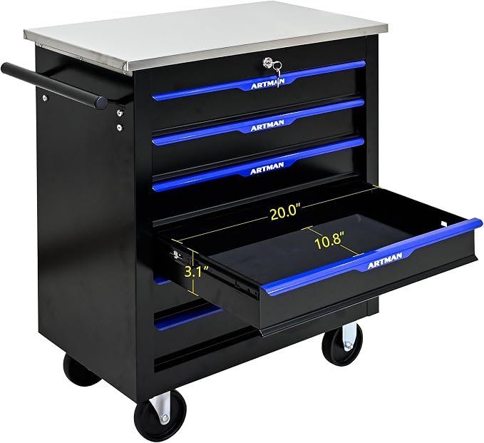 6-Drawer Rolling Tool Chest, Lockable Stainless Top for Garage, Black&Blue | Heavy Duty Modular Roll Around Tool Cabinet with Drawers for Workshop and Tool Box Storage