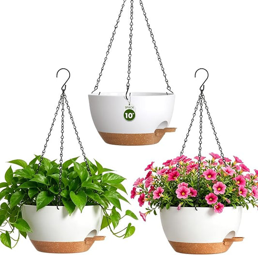 10 Inch Self-Watering Hanging Planters Set of 3 with Saucers | Set of 3 10-inch self-watering hanging planters with extra growing space, side-fill ports, chain hangers & snap-on saucers