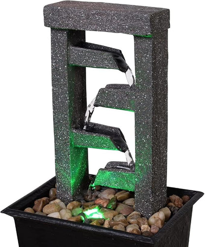 GOSSI 10" 4-Tier Tabletop Waterfall Fountain with Natural River Rocks, LED Lights, Resin Indoor Water Feature for Home Office Decor, Meditation Relaxation Gift