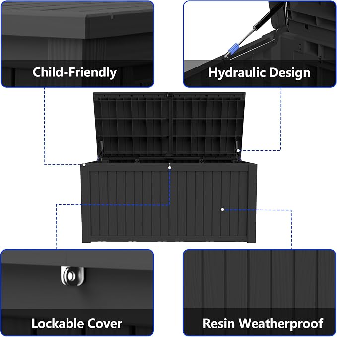 270 Gallon Outdoor Storage Box Resin Deck Box All Weather Waterproof Large Lockable Storage Container Deck Box for Patio Furniture, Garden Tools, Lockable, Black New