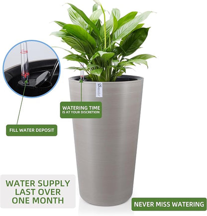 Dexceder 22x13 Self Watering Tall Planter (Coffee, Wire Drawing) | High Cylinder, Thickened Large Floor Standing Flower Plant Pot with Water Level Indicator Indoor Outdoor