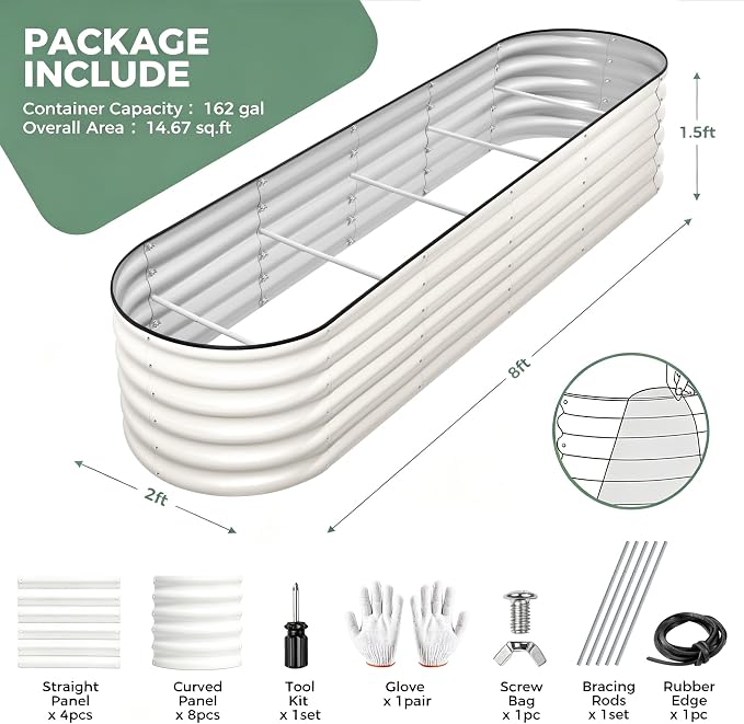 8x2x1.5ft Galvanized Raised Garden Bed Outdoor, 18'' Oval Large Metal Planter Garden Boxes for Gardening, Planting Deep Root Vegetables, Herbs, Fruits, Flower, Rustproof, Rubber Strip, White