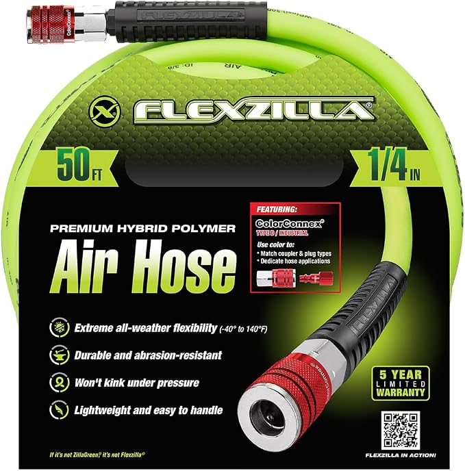 Flexzilla Air Hose with ColorConnex Industrial Type D Coupler and Plug, Heavy Duty, Lightweight, Hybrid, ZillaGreen - HFZ1450YW2-D, 50ft (Pack of 10)