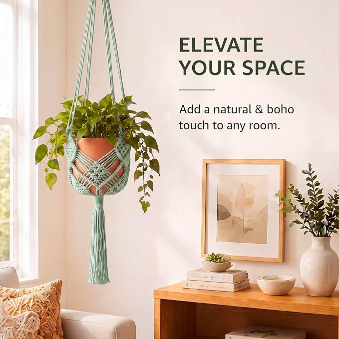 Shappy 1 Pack Boho Macrame Plant Hanger, Large Hanging Planter Plant Holder Pot Hanger Hanging Basket Wall Planters, Plants Lover Gift for Indoor Garden (Diamond Knot Macrame,Sage Green)