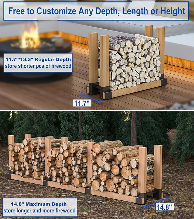 Outdoor Firewood Rack Bracket Kit, 2x4 Firewood Storage Holder with 3 Depth Adjustable, Lumber Storage Rack for Outdoor Indoor Patio, 1 Pair (2x4s not Included)