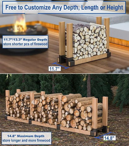 Outdoor Firewood Rack Bracket Kit, 2x4 Firewood Storage Holder with 3 Depth Adjustable, Lumber Storage Rack for Outdoor Indoor Patio, 1 Pair (2x4s not Included)