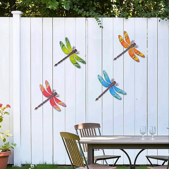 Metal Dragonfly Wall Decor, 4 Pack 13 inch Metal Dragonflies Wall Art Hanging Sculpture Decorations for Outdoor, Yard Patio Fence Garden Outside Decor