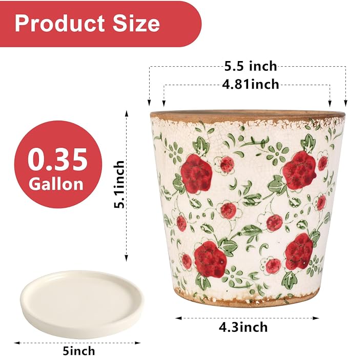 Ceramic Flower Pots For Indoor Plant, 5.5 Inch Small Ice Crack Plant Pots With Drainage Hole & Saucer, Decorative Vintage Planters For Succulent Herb Cactus Mint Basil, Garden Pot For Home Decor