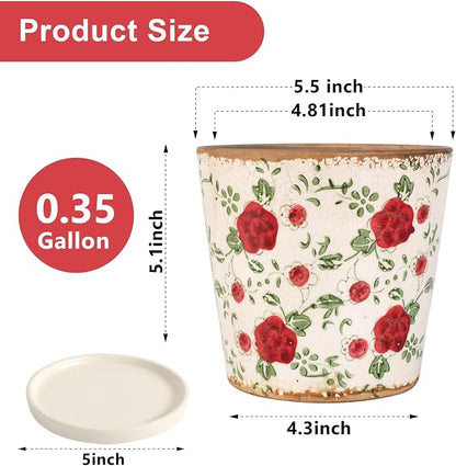 Ceramic Flower Pots For Indoor Plant, 5.5 Inch Small Ice Crack Plant Pots With Drainage Hole & Saucer, Decorative Vintage Planters For Succulent Herb Cactus Mint Basil, Garden Pot For Home Decor
