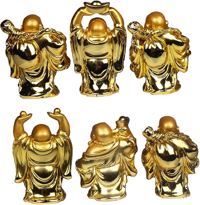BRABUD Resin Laughing Buddha Figurines 2.5’’Height Gilting Buddha Statue Big 6 Set Gold