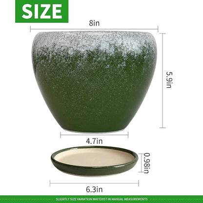 Deep Dream 8 Inch Plant Pots- Ceramic Pots for Plants with Drainage Hole and Saucer, Large Planter Pot for Indoor Plants Outdoor Decor, Blackish Green