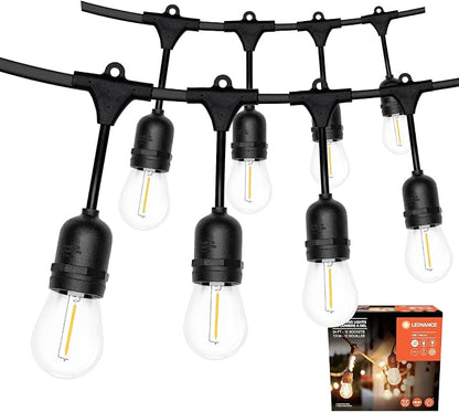LEDVANCE 24-ft Outdoor String Lights, Edison Shatterproof S14 Bulbs, Linkable, String Lights for Outside/Indoor, IP65 Wet Rated, 2200K, Amber Glow, Extra Bulb Included - 1 Pack (63193)