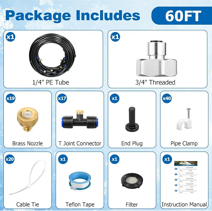 Mellbree Misters for Outside Patio 60FT/18M, Pre-Assembled Misting Cooling System with 19 Brass Nozzles & 3/4" Adapter, Outdoor Mister for Garden, Backyard, Pool, Greenhouse, Play Area, Trampoline