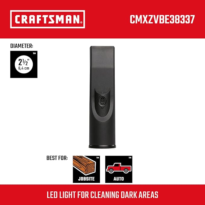 CRAFTSMAN CMXZVBE38337 2-1/2 in. LED Lighted Car Nozzle Vacuum Attachment | Industrial-Grade Shop Vacuum Accessory for Illuminating Dark Areas While Cleaning, Fits 2-1/2 in. Hose Diameter