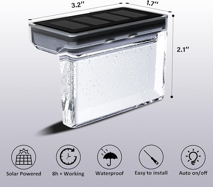 Qualdout Solar Deck Lights 8 Pack, IP65 Waterproof Solar Step Lights Outdoor, Warm White Solar Fence Lights with Crystal Acrylic Lens, Dusk to Dawn LED Lights for Stairs, Railing, Patio, Pool, Yard