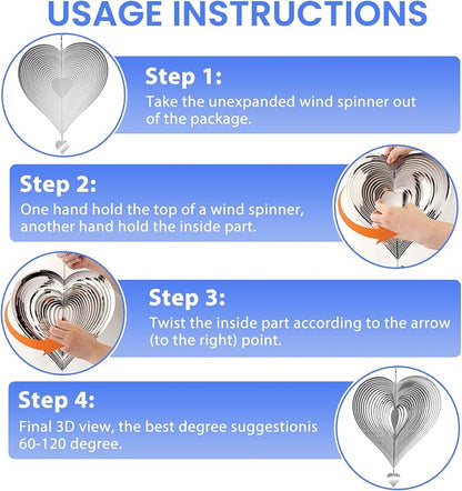 Stainless Steel Wind Spinners Outdoor Garden Decor, Gifts for Women Mom, 3D Metal Reflective Bird Devices Deterrent to Keep Scare Woodpecker Pigeon Away Outside Patio Yard House (Silver Heart,12 Inch)