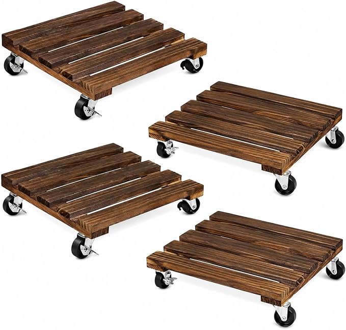 4 Pack Wooden Plant Stand With Wheels, 12" Rolling Planter Base Plant Stand, With Metal Lockable Caster Wheels, For Indoor Outdoor Plant Pots