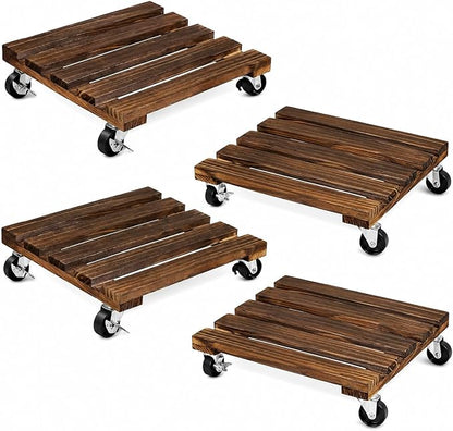 4 Pack Wooden Plant Stand With Wheels, 12" Rolling Planter Base Plant Stand, With Metal Lockable Caster Wheels, For Indoor Outdoor Plant Pots