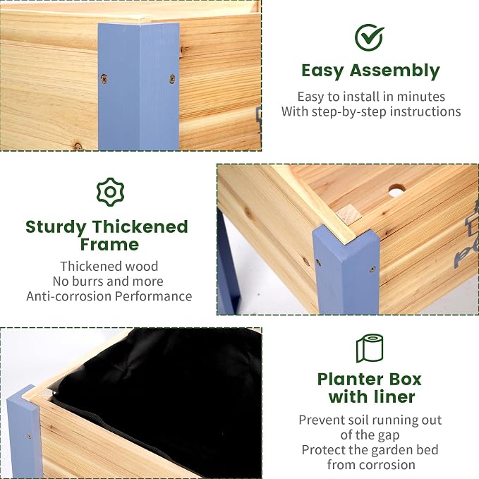 Raised Garden Bed for Kids - 30”L*16”W*24”H Elevated Wooden Planter Box Stand, Backyard, Patio, Balcony w/Bed Liner, 170lb Capacity (Blue)
