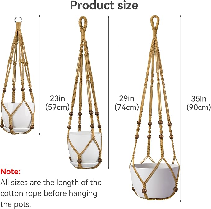 USLAI Macrame Plant Hanger Indoor Outdoor, Fits 4 to 15 Inch Pots, Strong Hanging Planter Holder, Boho Home Decor, 23+29+35 Inch, Brown (POTS NOT Included)