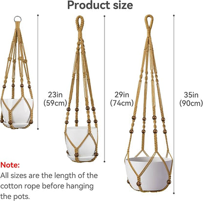 USLAI Macrame Plant Hanger Indoor Outdoor, Fits 4 to 15 Inch Pots, Strong Hanging Planter Holder, Boho Home Decor, 23+29+35 Inch, Brown (POTS NOT Included)
