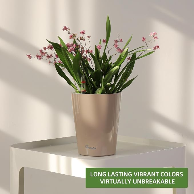 Dexceder 6x7 Self Watering Planter (Taupe) | High Gloss Table Flower Plant Pot with Water Level Indicator Indoor Outdoor