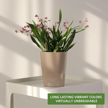 Dexceder 6x7 Self Watering Planter (Taupe) | High Gloss Table Flower Plant Pot with Water Level Indicator Indoor Outdoor