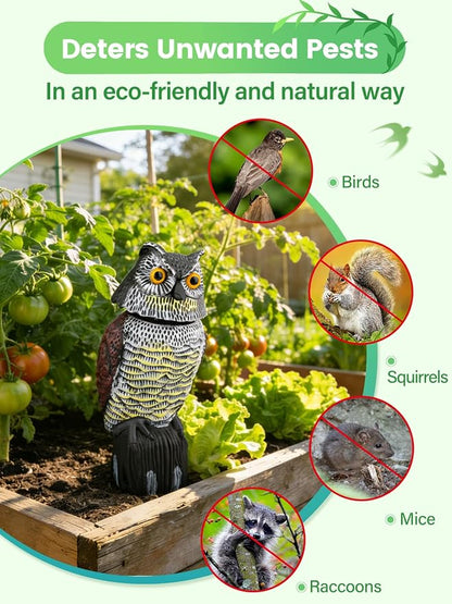Owl Decoys to Scare Birds Squirrels Away, 360 Rotating Head Activated, Fake Owl Statues Repellent Pest Hawk Squirrel Cats Chickens Pigeon Bird Deterrents for Outside Garden Patios Backyard