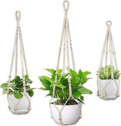 USLAI Macrame Plant Hanger Indoor Outdoor, Fits 4 to 15 Inch Pots, Strong Hanging Planter Holder, Boho Home Decor, 23+29+35 Inch, Ivory (POTS NOT Included)