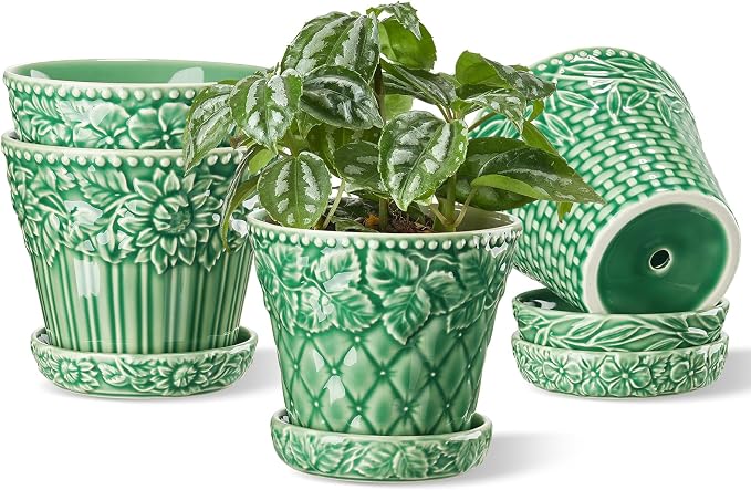 Metahom Ceramic Plant Pots, 4.9 Inch Flower Pots with Drainage Hole & Saucer, Decorative Planter Pots for Indoor Plants, Small Pots for Succulent, Catus, Home Decor, Set of 4, Green