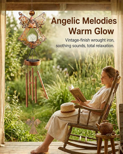 Angel Solar Wind Chimes for Outside: Metal Outdoor Memorial Decor | Easy Hanging for Garden Patio Tree Window - Melodious Birthday Gifts for Women Mom Grandma