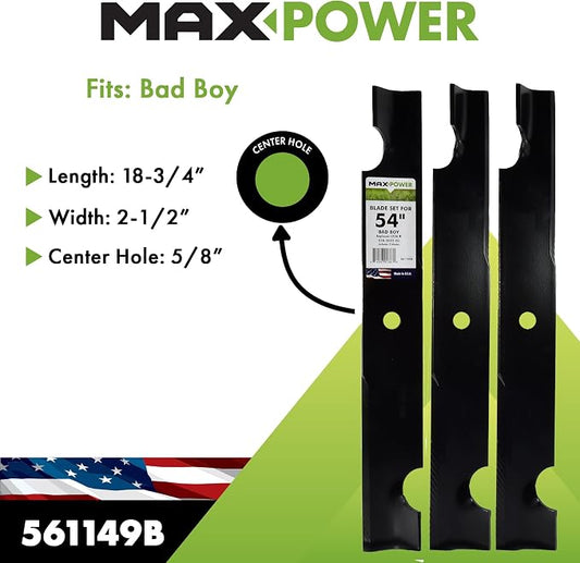 MaxPower 561149B USA MADE 3 Blade Set | For 54" Cut Bad Boy Mowers Replaces 038-0005-00
