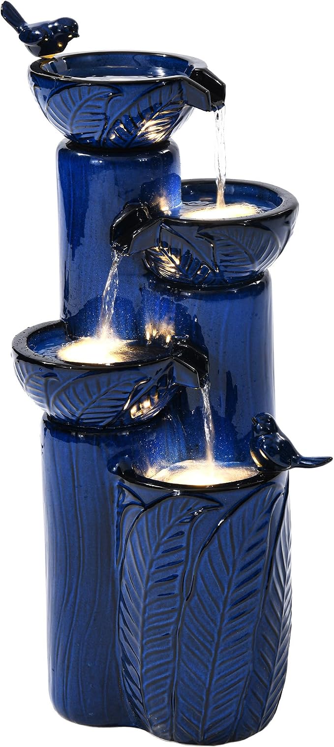 33" H Ceramic Outdoor Water Fountain with LED Lights, 4-Tier Bowl Water Feature with Birds, Cobalt Blue Glaze, Embossed Leaf Pattern, Cascading Waterfall for Tranquil Garden, Patio, or Porch