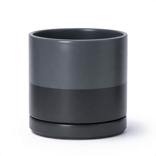 D'vine Dev 8 Inch Ceramic Planter Pot, Slate, 94-O-D-5 | Modern Cylinder Design, Drainage Hole & Saucer Included, Stable Structure, Elegant Home Accent