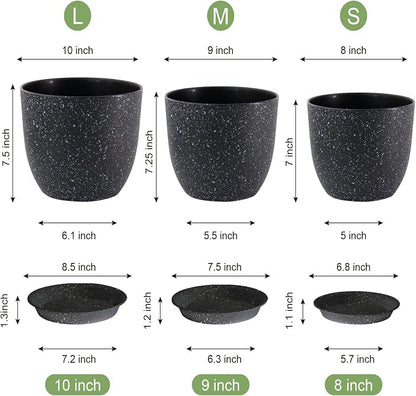WSMKSZ Plant Pots 10/9/8 inch, Set of 3 Modern Decorative Plastic Planters with Drainage Holes and Saucers for Garden House Plants, Flower Pots for Indoor Outdoor Plants, Speckled Black