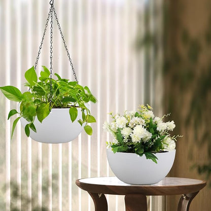 Meowell 8 inch Small Hanging Planters for Indoor Outdoor Plants, 2 Pack Hanging Flower Pots with Drainage Holes and Chain for Garden Porch, Plastic Hanging Baskets for House Plants, White