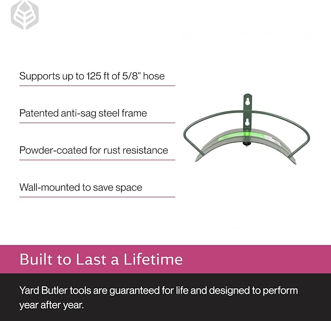 Yard Butler Heavy Duty Wall-Mounted Hose Hanger - Garden Hose Holder for Convenient Organization - Holds up to 125 Feet - Powder Coated Steel - Heavy Duty Bracing - Classic Design, Green