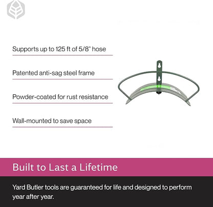 Yard Butler Heavy Duty Wall-Mounted Hose Hanger - Garden Hose Holder for Convenient Organization - Holds up to 125 Feet - Powder Coated Steel - Heavy Duty Bracing - Classic Design, Green