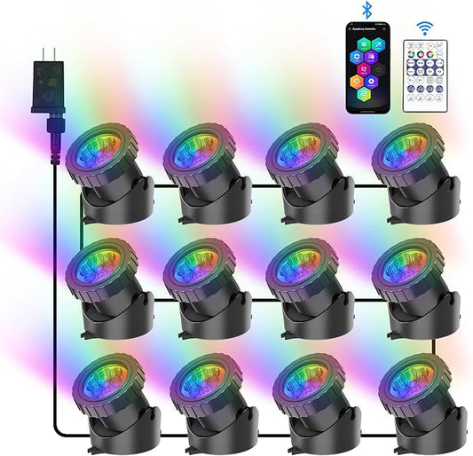 RGB Underwater Pond Lights, Super Bright LED Submersible Fountain Light Colored Landscape Spotlights, Bluetooth APP Control IP68 Waterproof for Fish Aquarium Tank Garden Yard Pool (Set of 12)