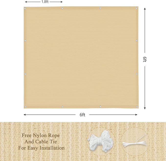 90% Outdoor Sun Shade Cloth, 6' x 6', Pergola, Deck, and Backyard Patio Sunshade with UV Protection, Heat Resistant HDPE Material, Reinforced Grommets (6x6 FT, Wheat)