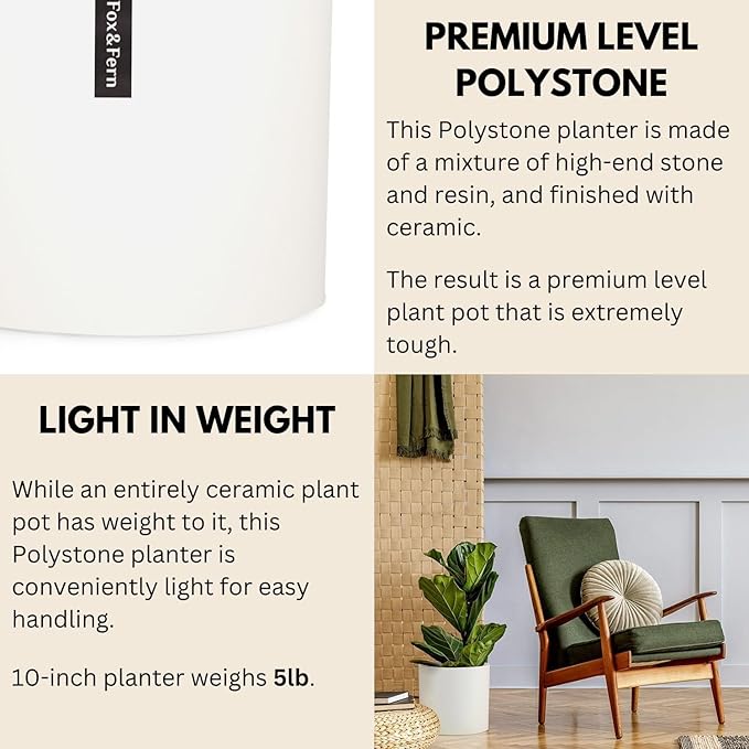 Fox & Fern Large Indoor Planter, Modern Large Plant Pot for Indoor or Outdoor, UV and Frost Resistant - 10 Inch, Matte White Flower Pot with Drainage Plug