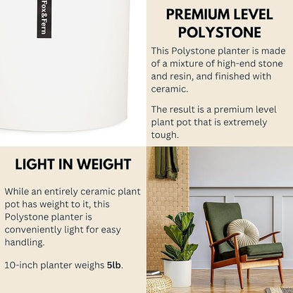 Fox & Fern Large Indoor Planter, Modern Large Plant Pot for Indoor or Outdoor, UV and Frost Resistant - 10 Inch, Matte White Flower Pot with Drainage Plug