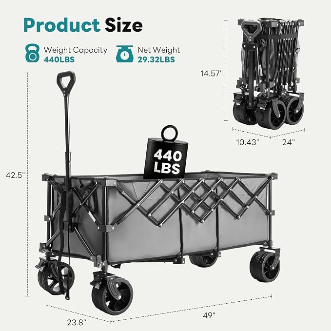OLIXIS 49" Wagon Cart Collapsible 440lbs Foldable Extra Long Heavy Duty Utility Wagon with Wheels, Portable Storage Grocery Cart for Camping, Shopping, Sports, Beach, Garden, Grey