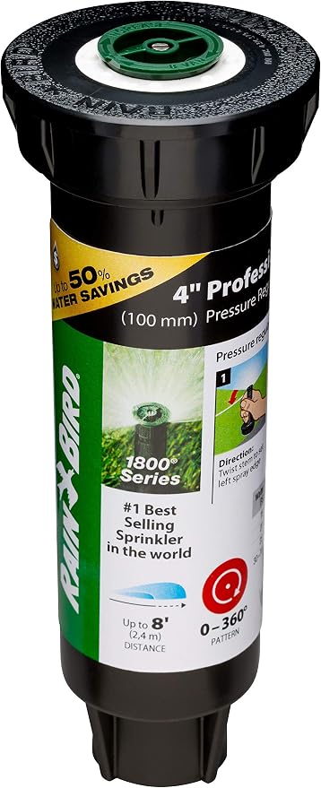 Rain Bird 1804AP8PRS Pressure Regulating (PRS) Professional Pop-Up Sprinkler, Adjustable 0-360° Pattern, 6' - 8' Spray Distance, 4" Pop-up Height