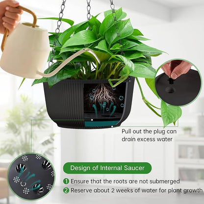 10 Inch Hanging Pots for Indoor Outdoor Plants Set of 2 | Self-Watering Hanging Planters with Internal Saucers, Drainage Holes & Plugs (Hooks)