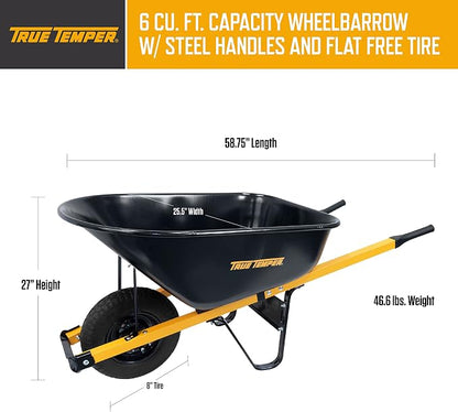 True Temper Steel Wheelbarrow with Never Flat Tire & Steel Handles, 6 Cu. Ft